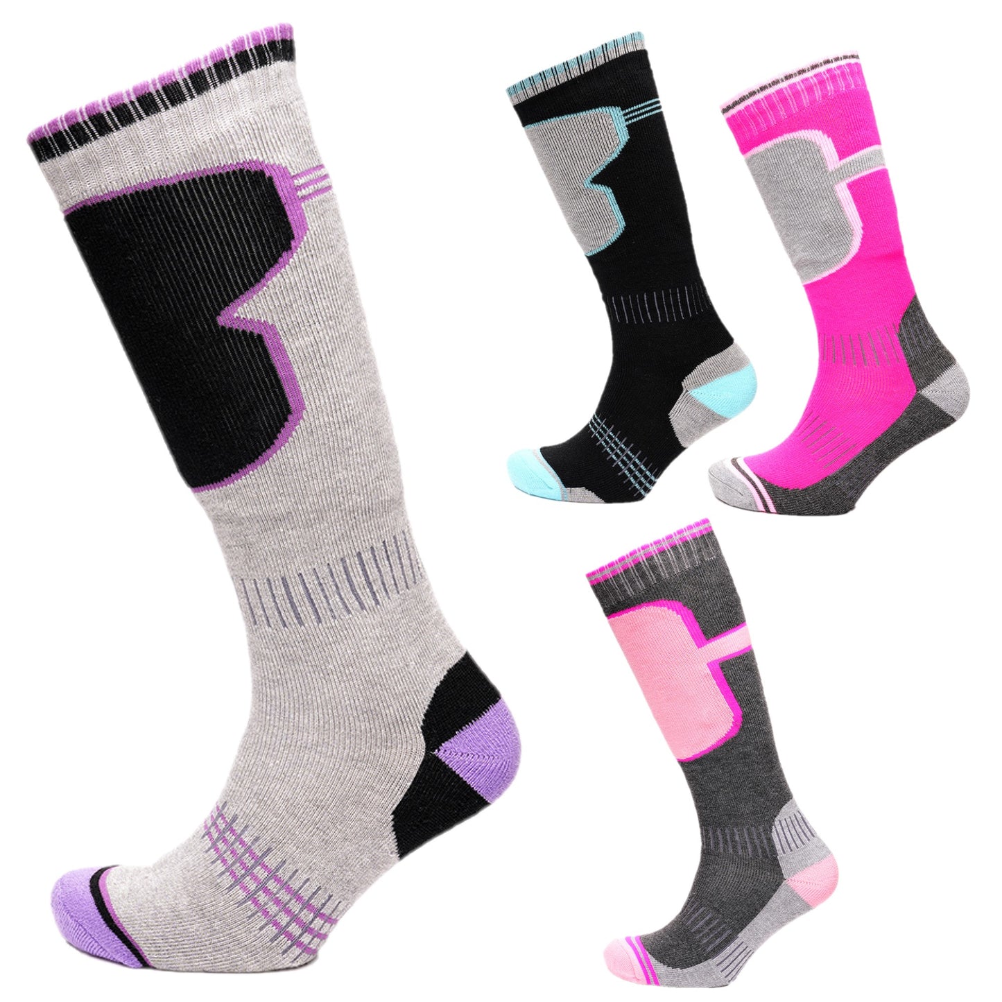 Ladies Ski Socks 4 Pairs Women's Knee Length Thermal Outdoor Snowboarding Stockings - UK 4-8