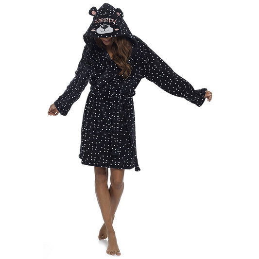 Ladies Fleece Dressing Gown Hooded Black and White Spot Panda Design Spot Warm Winter Robe