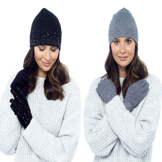 Ladies Beanie Hat & Gloves Diamante Detail