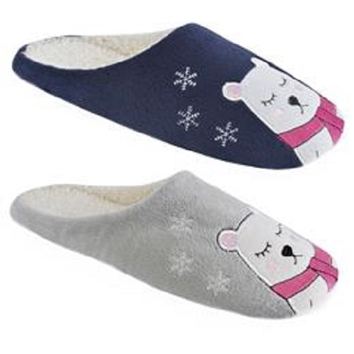 Ladies Polar Bear Slippers Novelty Plush Winter Mule Style Slip-Ons