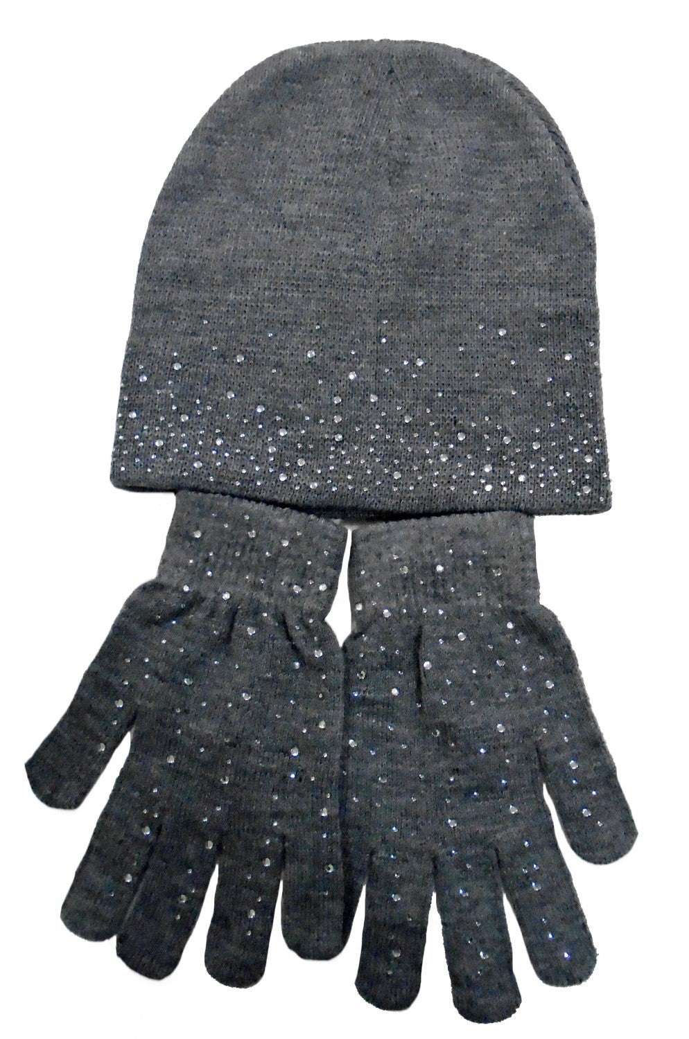 Ladies Beanie Hat & Gloves Diamante Detail