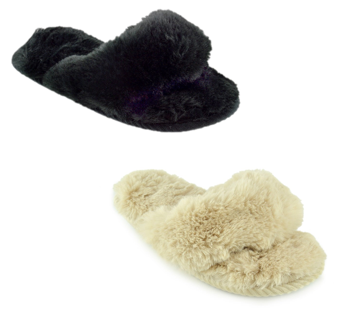 Ladies Faux Fur Open Toe Post Fluffy Slippers - Choose Size & Colour