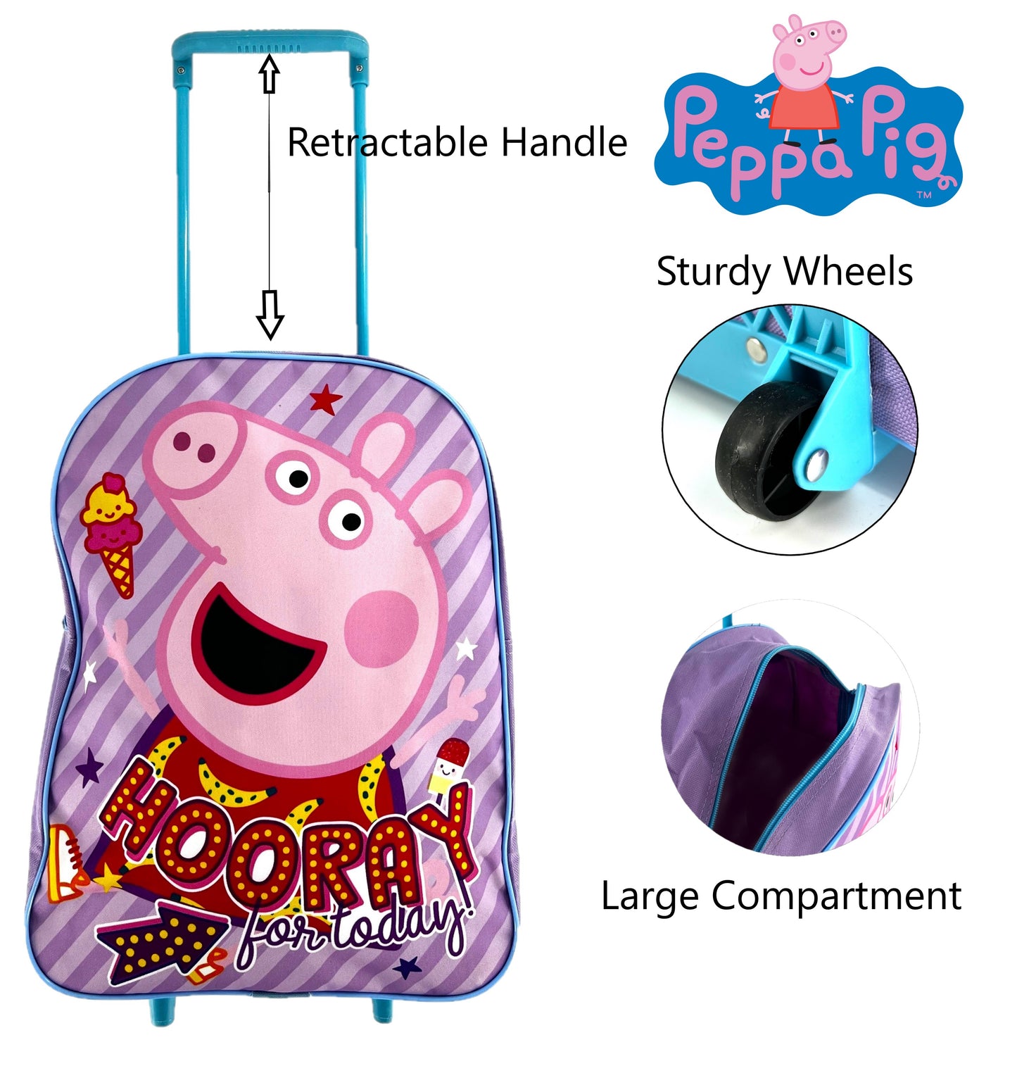 Peppa Pig Kids Wheeled Trolley Luggage Bag for Holidays, School