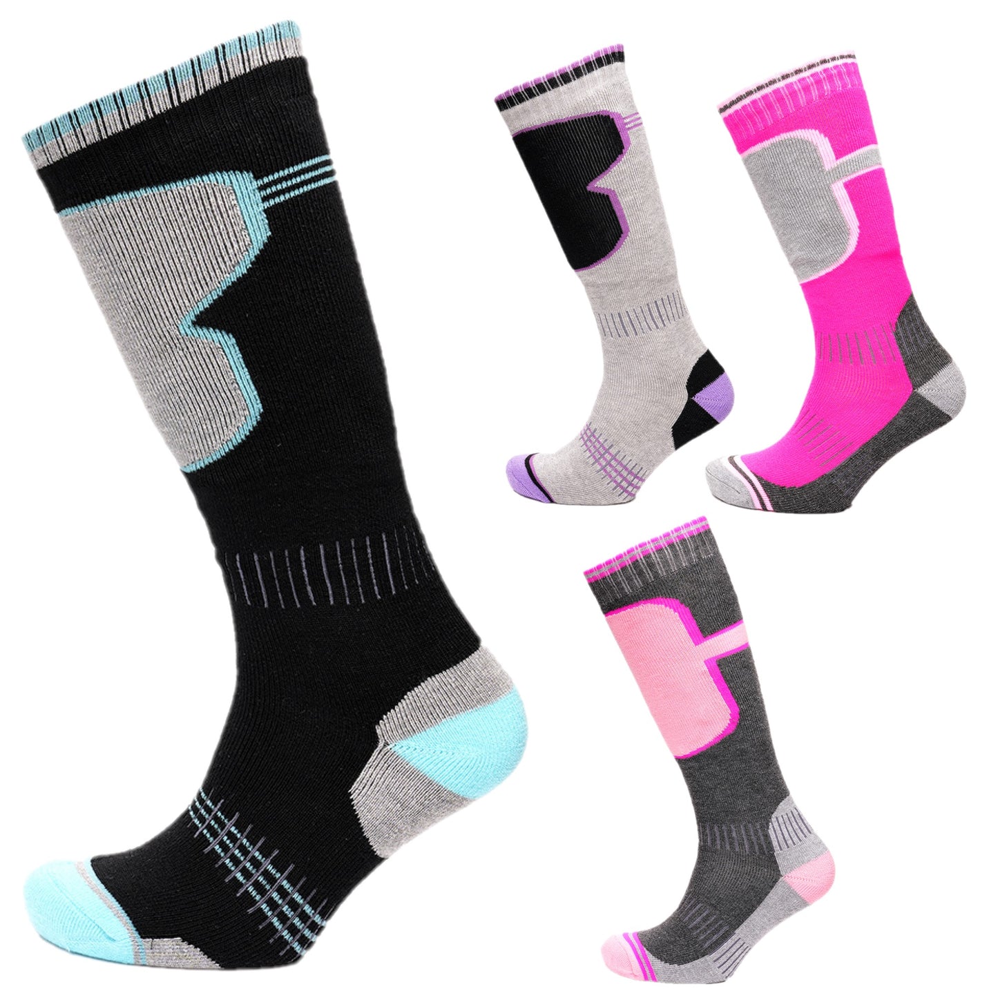 Ladies Ski Socks 4 Pairs Women's Knee Length Thermal Outdoor Snowboarding Stockings - UK 4-8