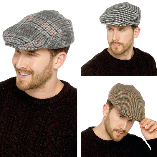 Mens Wool Blend Flat Cap Quilted Lining Winter Hat Brown Checked Grey Sizes M-L