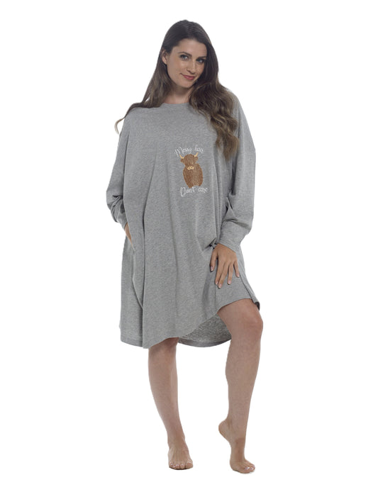 Ladies Oversized Nightie Highland Cow Messy Hair Don’t Care Grey Long Sleeve