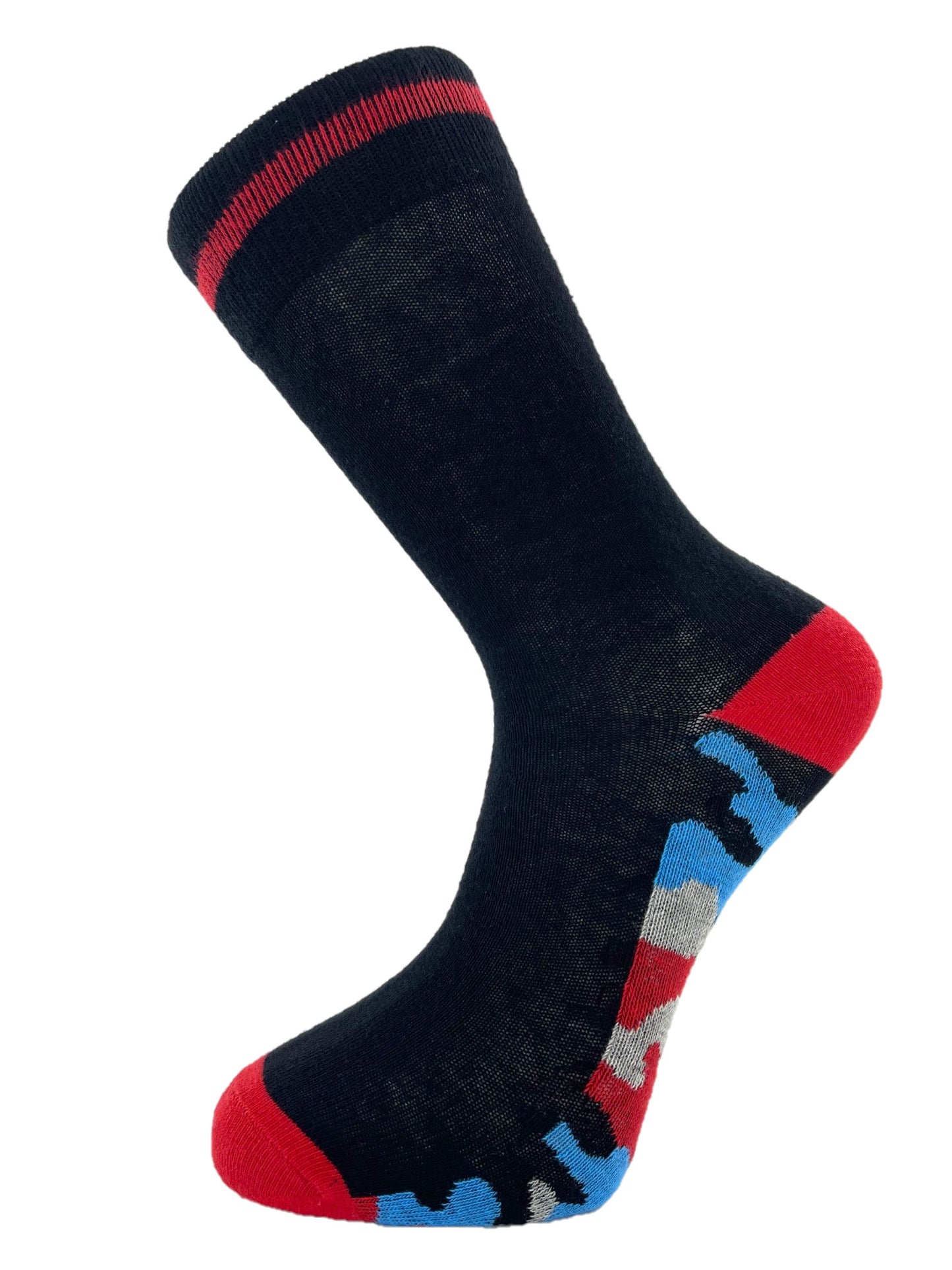 5 Pairs Mens Cotton Rich Black Socks with Multicoloured Camo Soles