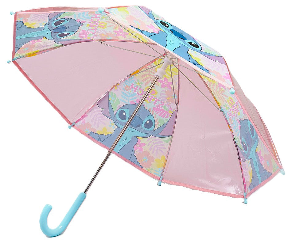 Disney Stitch Kids Umbrella – Pink & Clear Umbrella for Girls – Lightweight Child-Sized Rain Umbrella with Tropical Stitch Design
