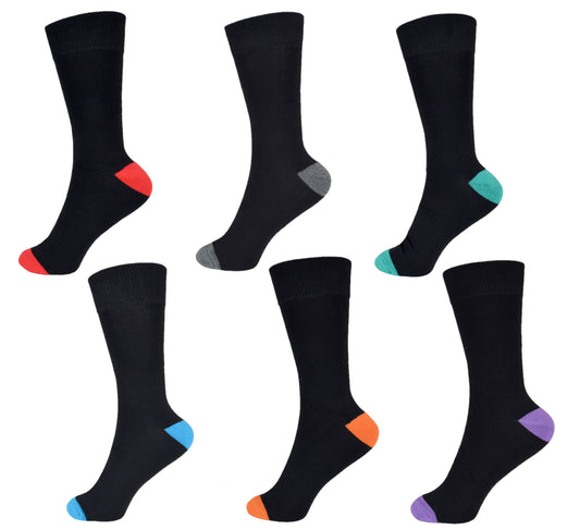 6 Pairs Men's Black Bamboo Socks with Coloured Heels and Toes