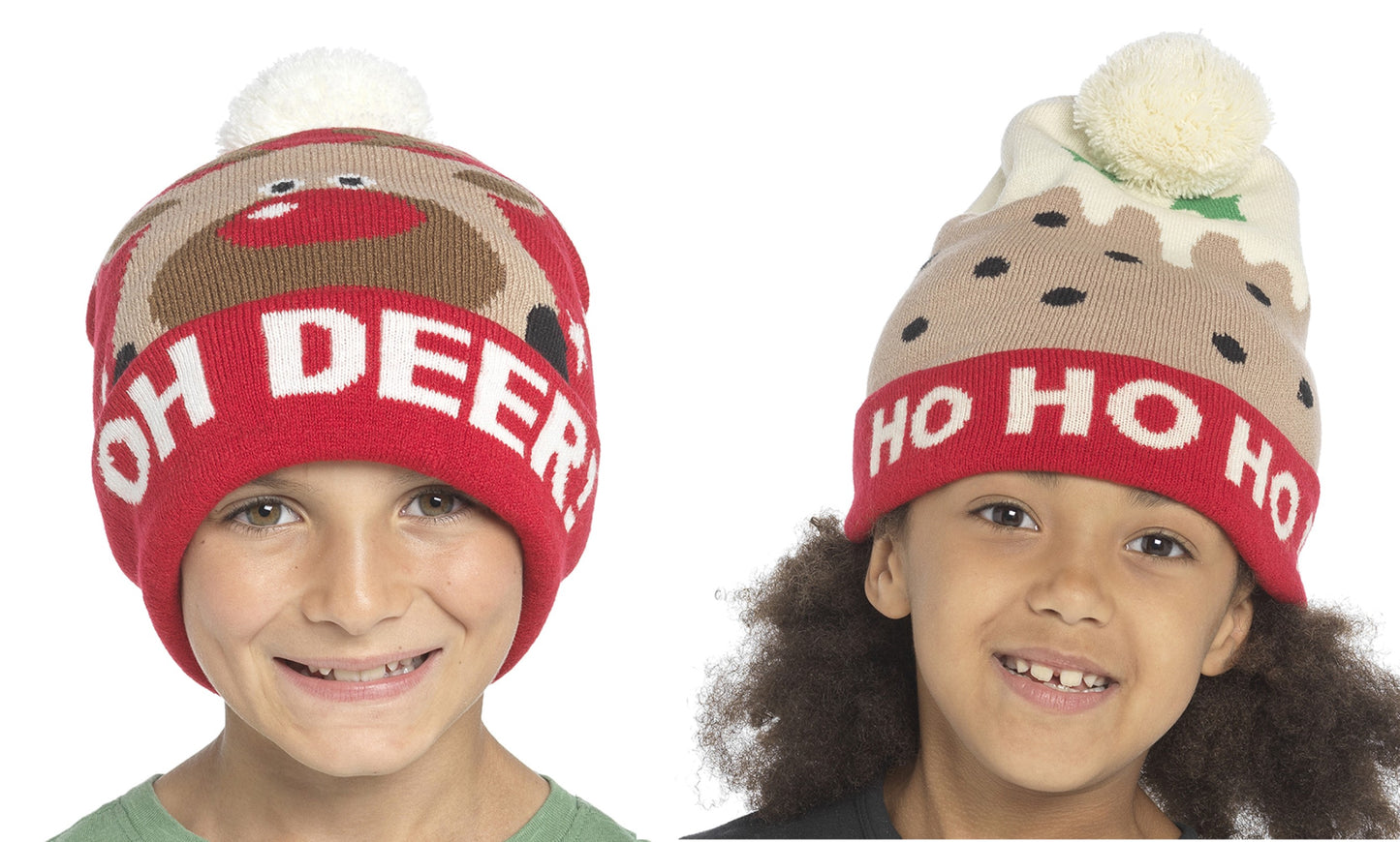 Children's Christmas Bobble Hats - 2 Pack - Rudolph and Christmas Pudding