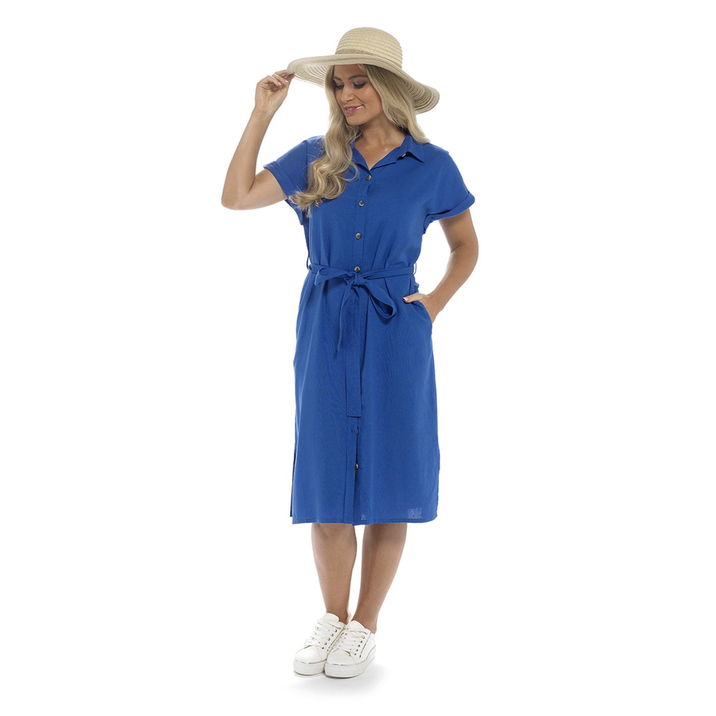 Ladies Linen Midi Dress Women's Button-Through Short-Sleeved Casual Summer Frock