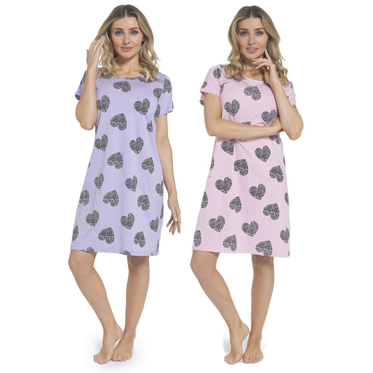 Ladies Cotton Nightie Leopard Heart Print Summer Dress Pink Lavender Sizes 8-22