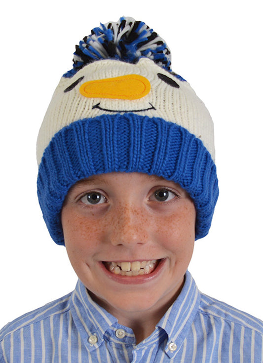 Kids Christmas Snowman Knitted Blue Or Red Pom Pom Beanie Hat 3-4 Years