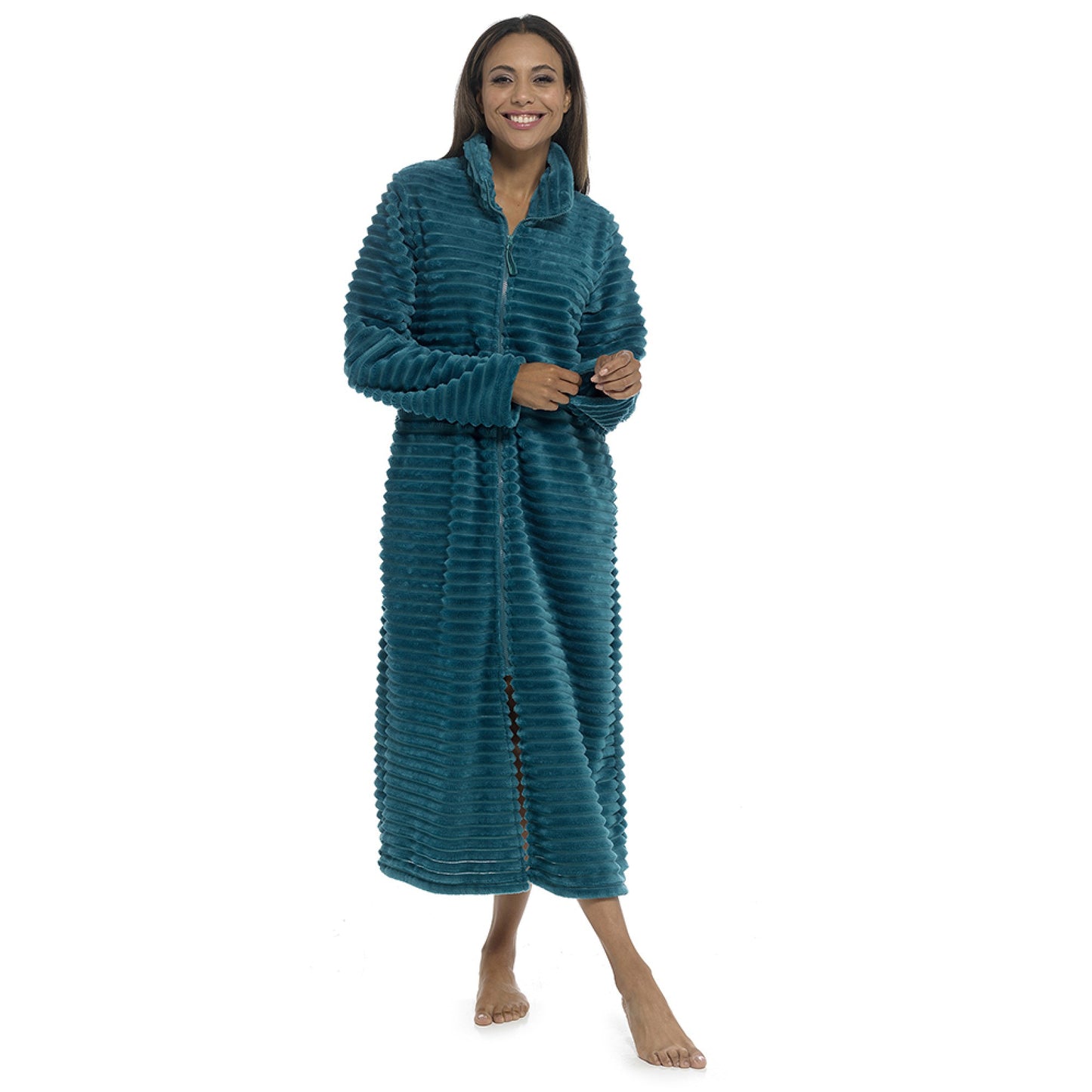 Ladies Fleece Dressing Gown Zip Through Ribbed Plush Warm Winter Robe