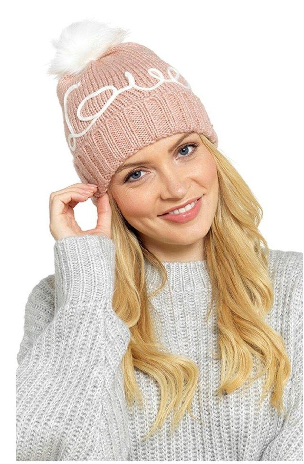 Ladies’ Knitted Bobble Hat – Faux Fur Pom-Pom & “Love” Appliqué – Pink or Grey