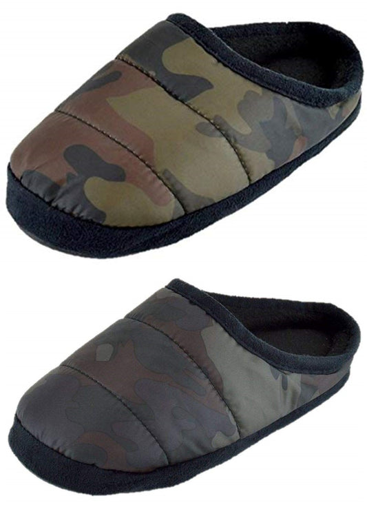 Boys Camo Quilted Mule Slippers – Indoor Slip-On Shoes, Brown or Green, UK 9-12