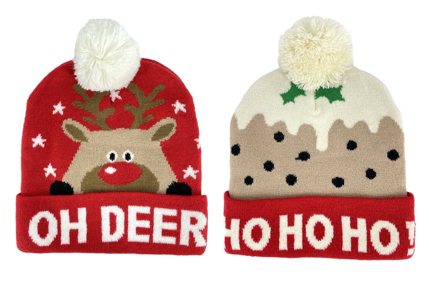 Children's Christmas Bobble Hats - 2 Pack - Rudolph and Christmas Pudding