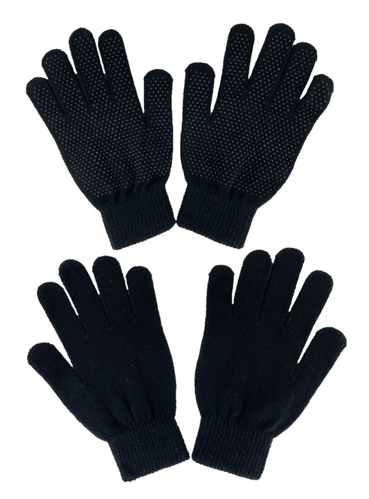 2 Pairs Adults Black Thermal Stretch Gloves with Grippers - One Size Fits All