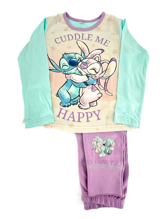 Disney Stitch Girls Pyjamas Cuddle Me Happy PJs Ages 5-12 Years Cotton Set