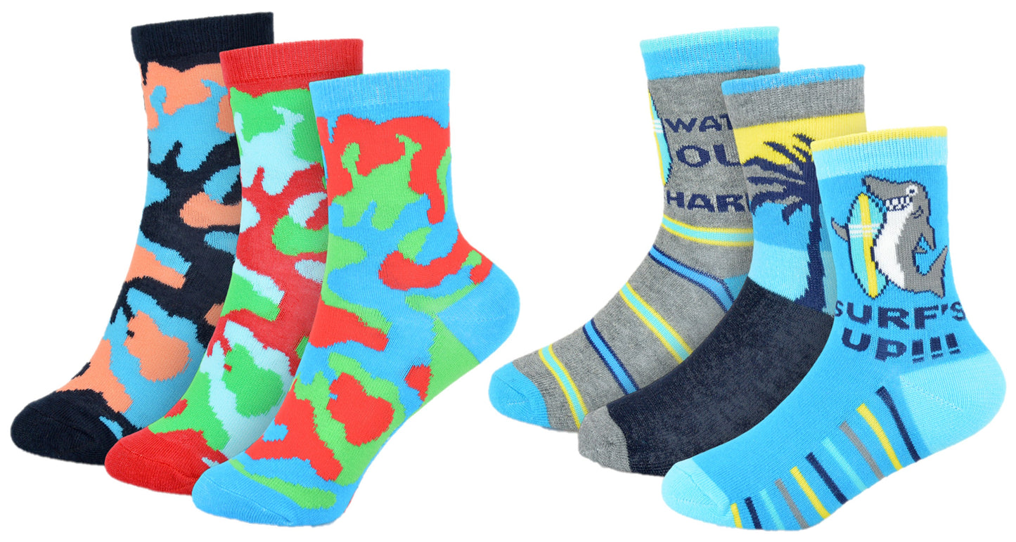 Boys 6 Pack Camo & Surf Shark Socks Cotton Ankle Soft Durable Fun Kids Gift