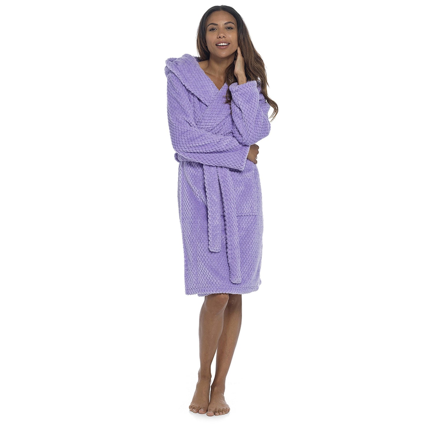 Ladies Lilac Hooded Dressing Gown Soft Warm Honeycomb Fleece Robe with Tie Waist and Pockets