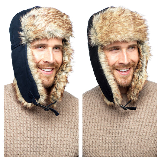 Men's Trapper Hat with Faux Fur Trim Padded Bomber Hat Adjustable Clip Fastening