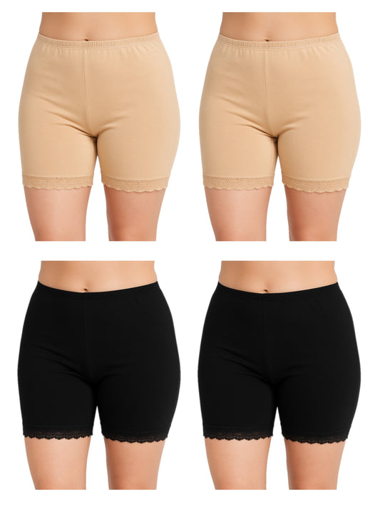 Ladies Anti Chafing Shorts 2 Pack Cotton Stretch Lace Trim Under Skirt