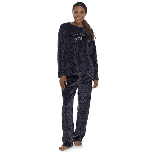 Ladies Fleece Pyjamas Grey and Black Panther Print Soft Fluffy Flannel Fleece Winter 2 Piece PJs Embroidered Front - Be A Little Wild