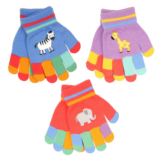 3 Pairs Children's Colourful Striped Thermal Magic Stretch Gloves with Animal Motifs - Elephant, Giraffe, Zebra