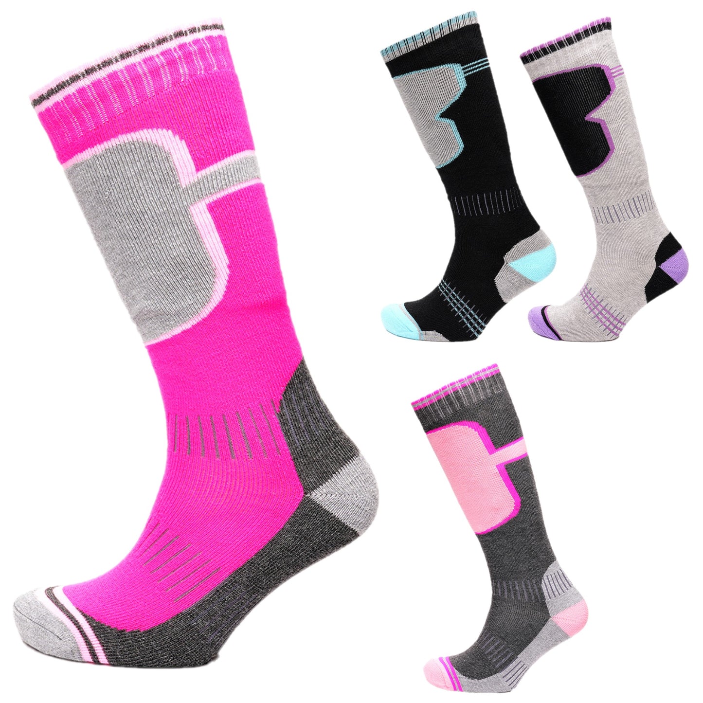 Ladies Ski Socks 4 Pairs Women's Knee Length Thermal Outdoor Snowboarding Stockings - UK 4-8