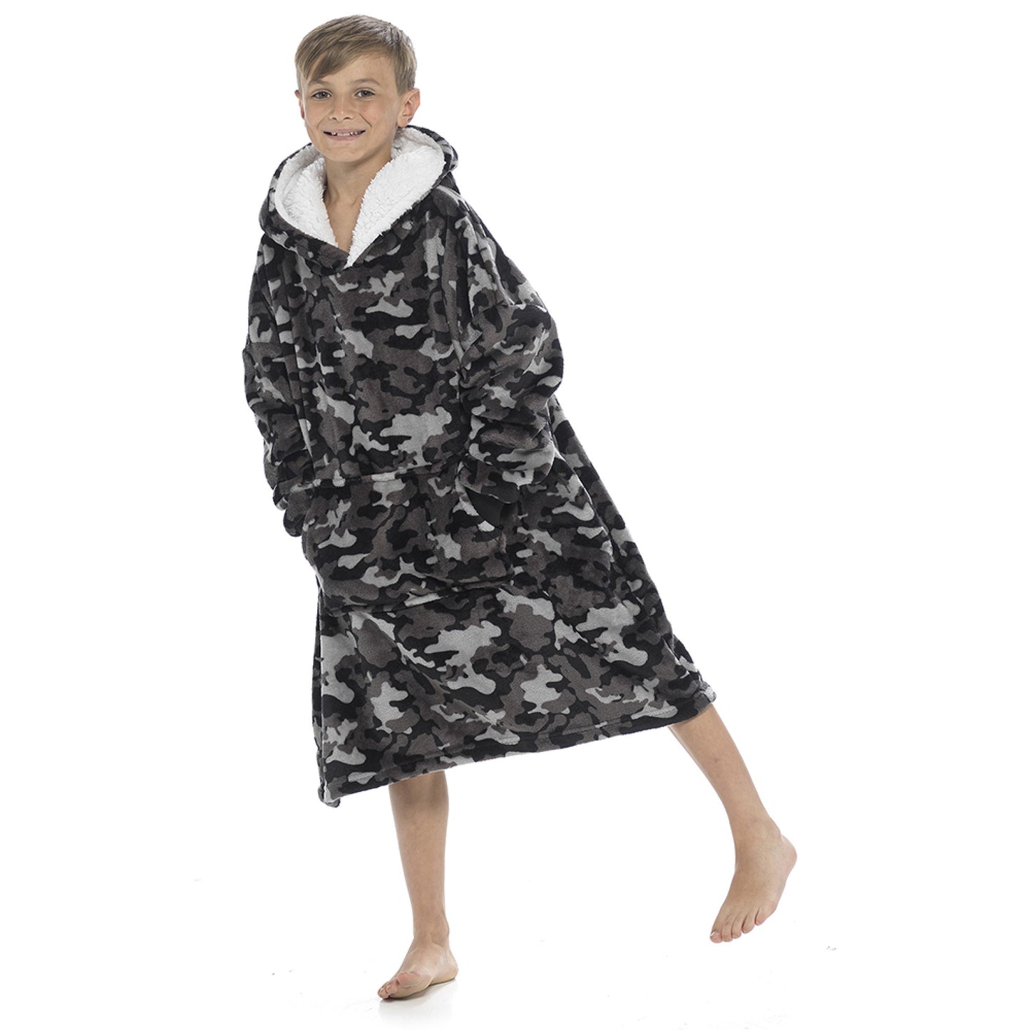 Boys Camo Print Oversized Hoodie Soft Grey Camouflage Pattern Hooded Sweatshirt Fleece-Lined Hood Loungewear