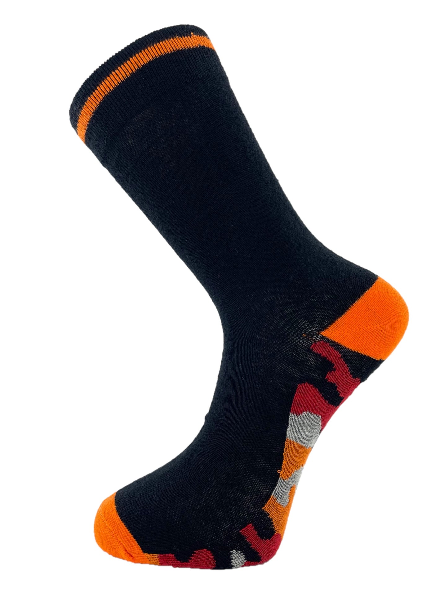 5 Pairs Mens Cotton Rich Black Socks with Multicoloured Camo Soles