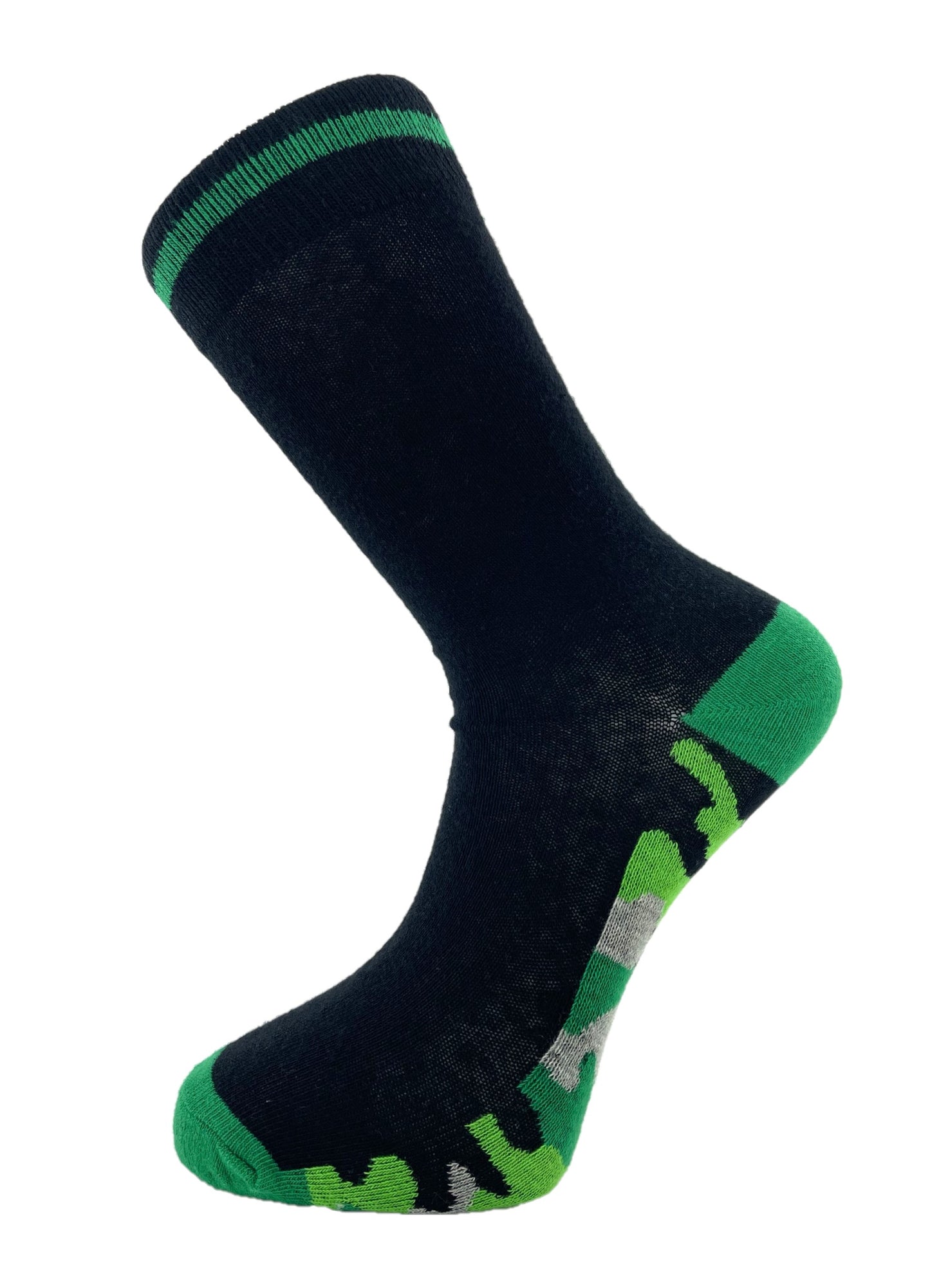 5 Pairs Mens Cotton Rich Black Socks with Multicoloured Camo Soles