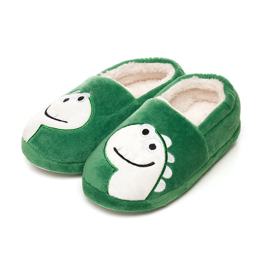 Boys Dinosaur Slippers – Green Plush Indoor Slippers with Soft Lining