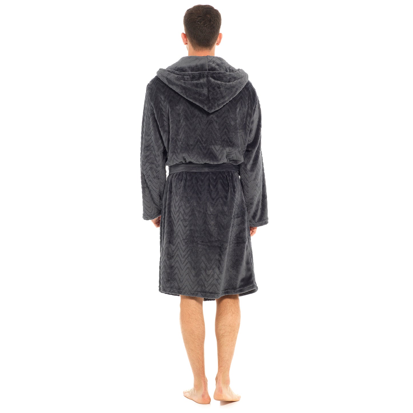 Men’s Fleece Hooded Robe Charcoal Grey Chevron Embossed Warm Winter Flannel Fleece Dressing Gown