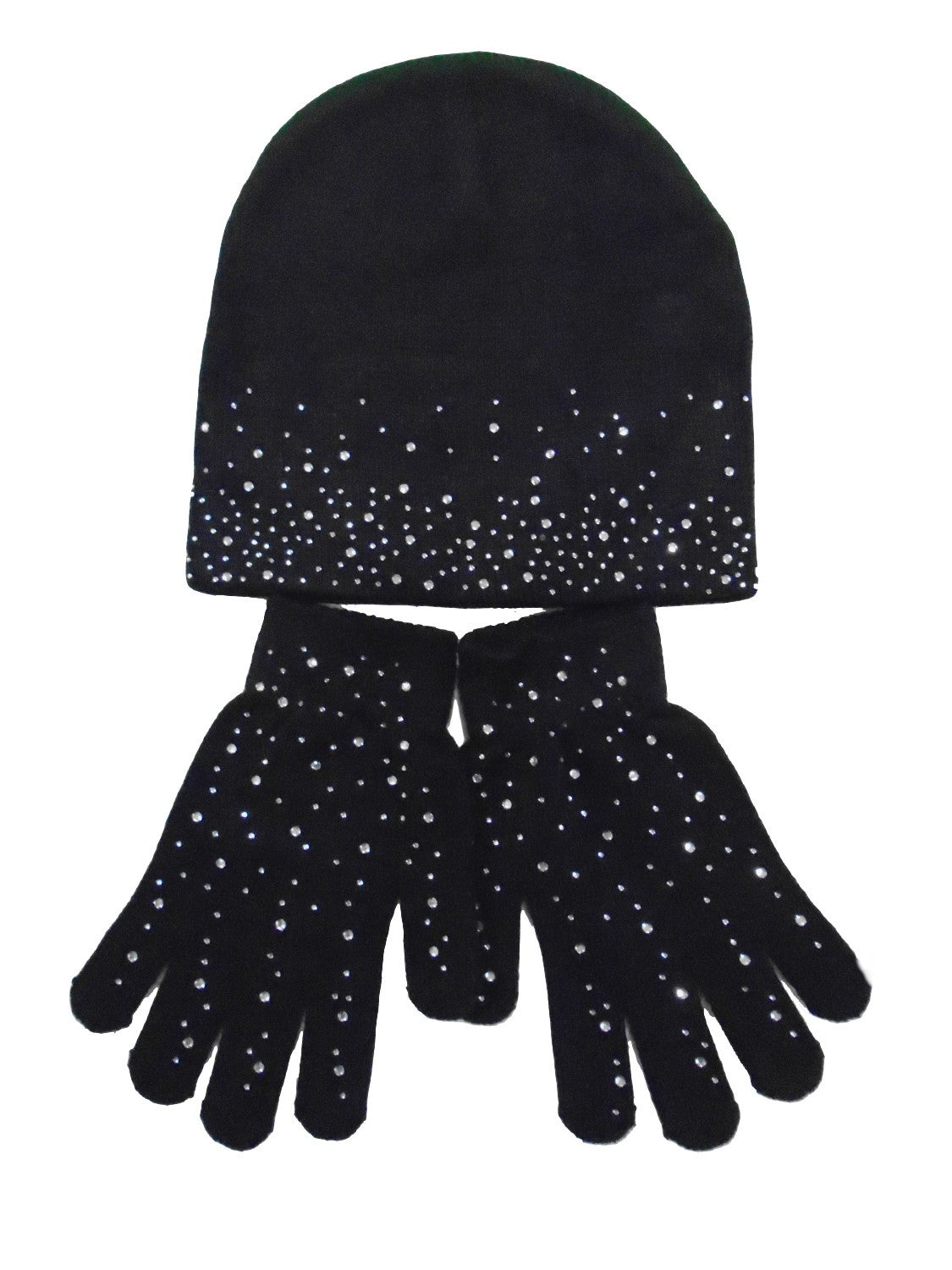 Ladies Beanie Hat & Gloves Diamante Detail