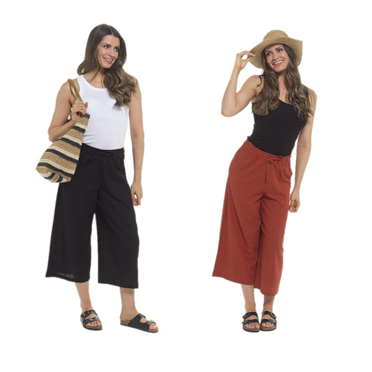 Ladies Linen Blend Culottes Wide Leg Cropped Trousers Black Rust UK 8-20 Summer