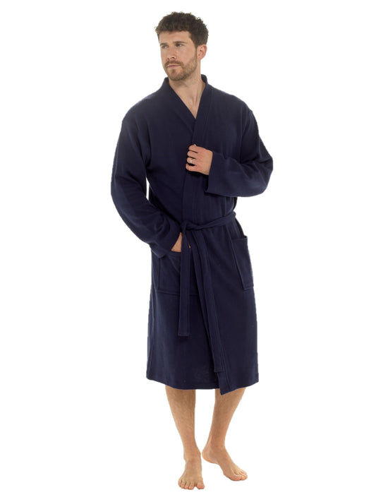 Men’s Waffle Cotton Robe – 100% Cotton Dressing Gown with Tie Belt & Pocket - Blue or Grey