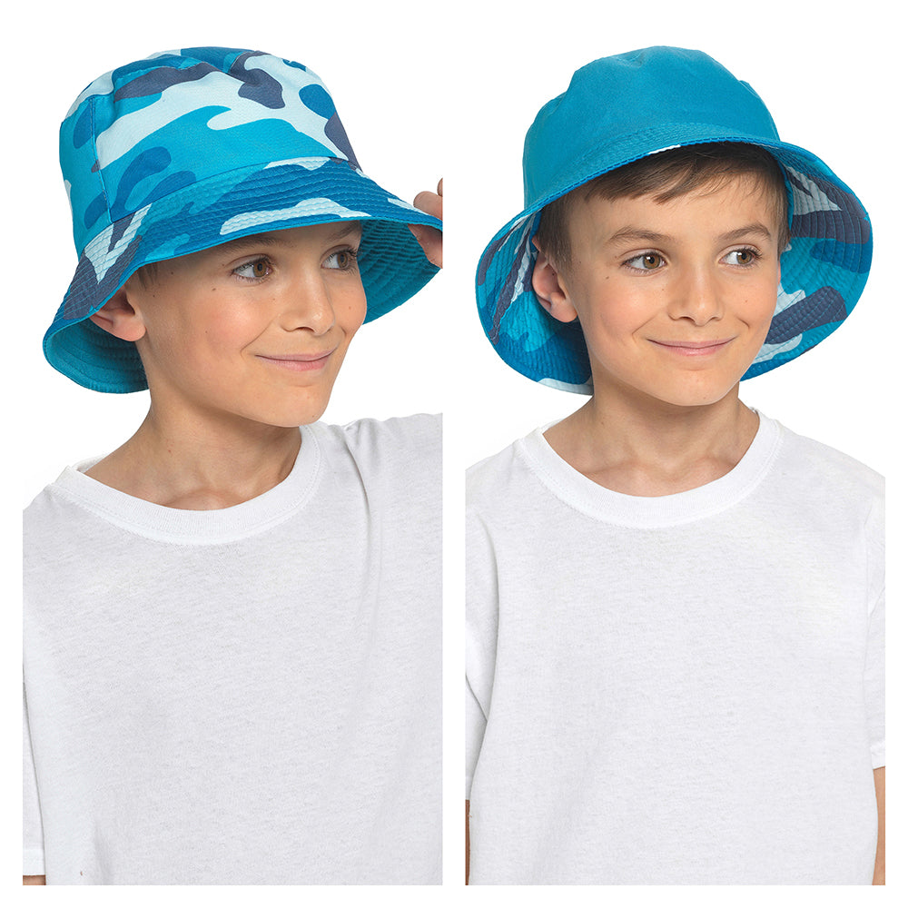 Boys Reversible Bucket Hat Blue/Camo Print Summer Sun Hat