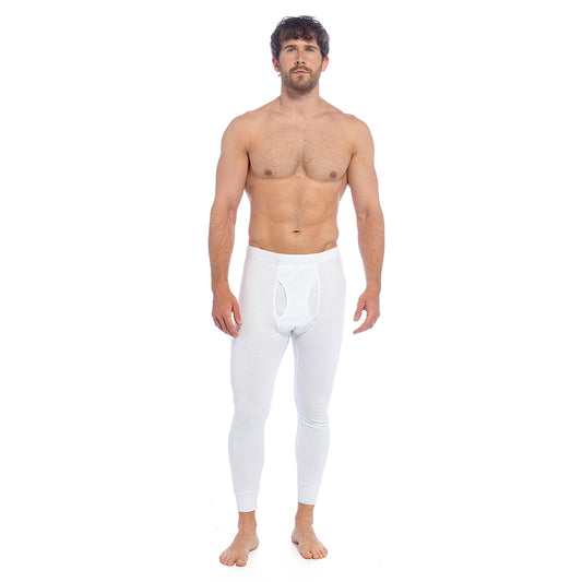 Mens Thermal Long Johns Underwear Base Layer Ribbed Brushed Cotton Blend White