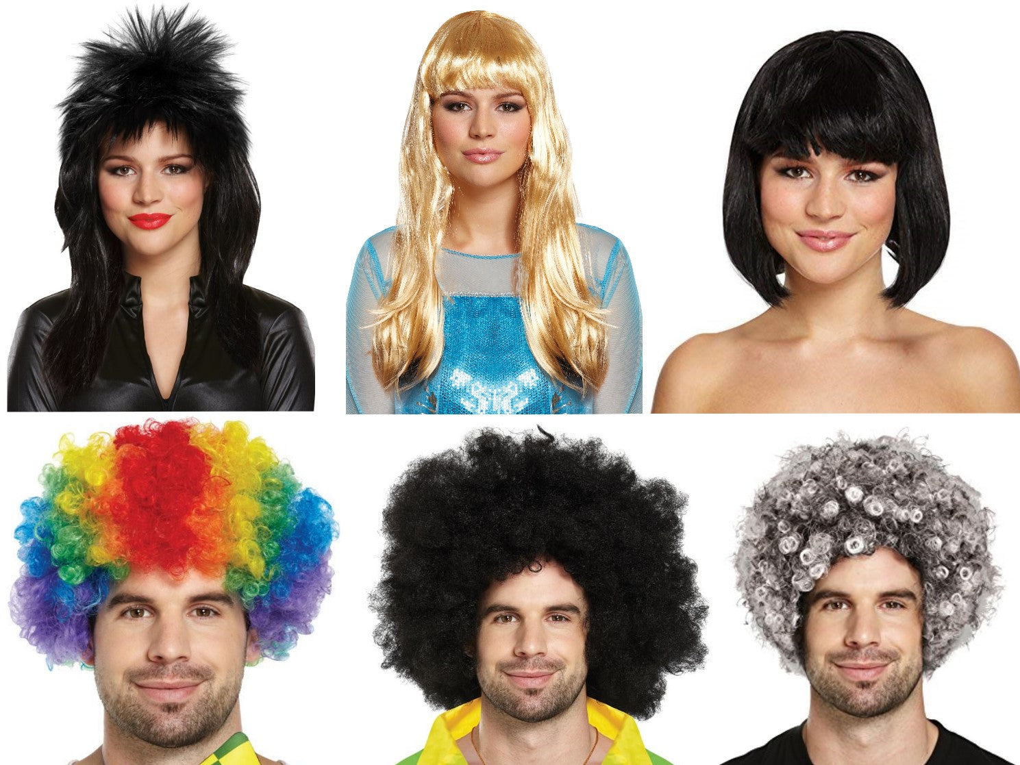Adults Fancy Dress wigs:clown,Curly Afro rainbow Glam Rock, long