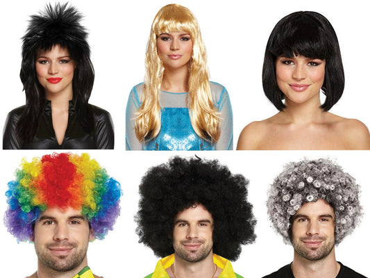 Adults Fancy Dress wigs:clown,Curly Afro rainbow Glam Rock, long blond and short Bob Wig
