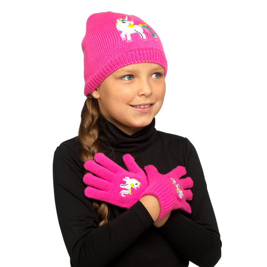 Girls Unicorn Design Pink Knitted Hat and Thermal Gloves Set
