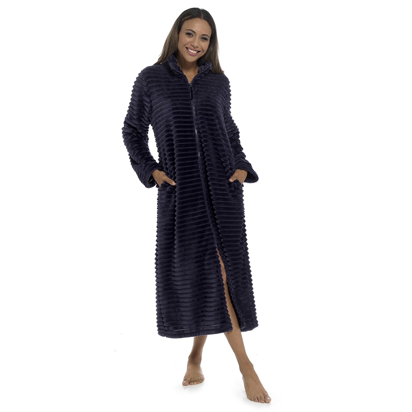 Ladies Fleece Dressing Gown Zip Through Ribbed Plush Warm Winter Robe