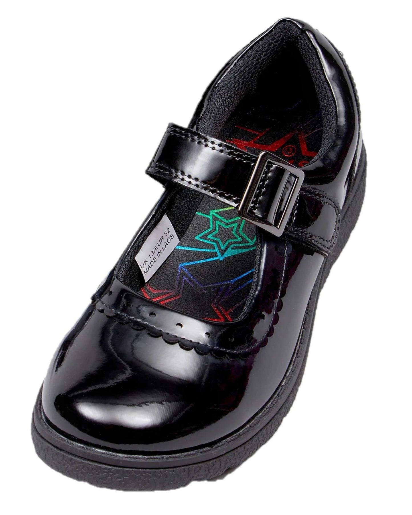 Girls Black Patent School Shoes – Mary Jane Style with Buckle Strap, Cushioned Glitter Insole, Non-Slip Sole – UK Child Sizes 10, 2