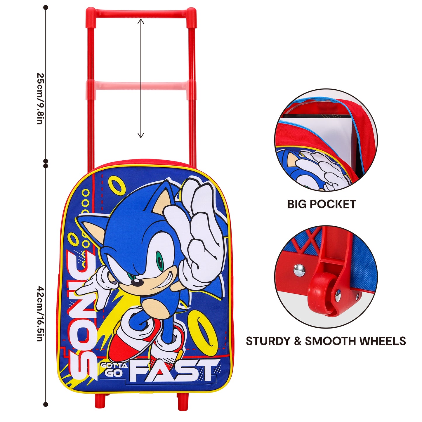Sonic the Hedgehog Kids Wheeled Trolley Luggage Bag for Holidays, School