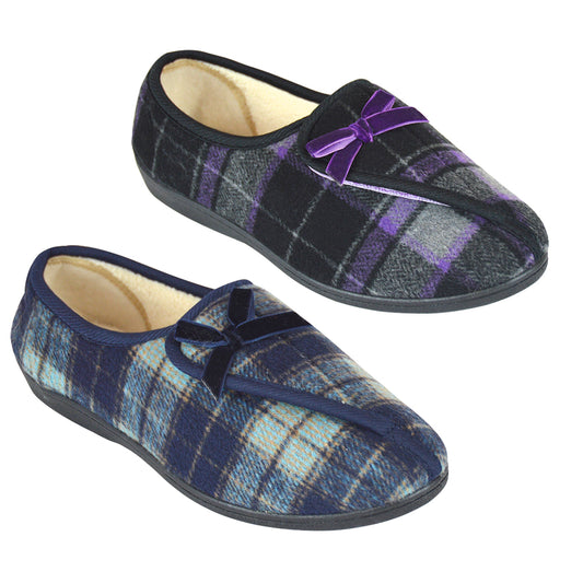 Ladies Tartan Pattern Easy Close Slippers