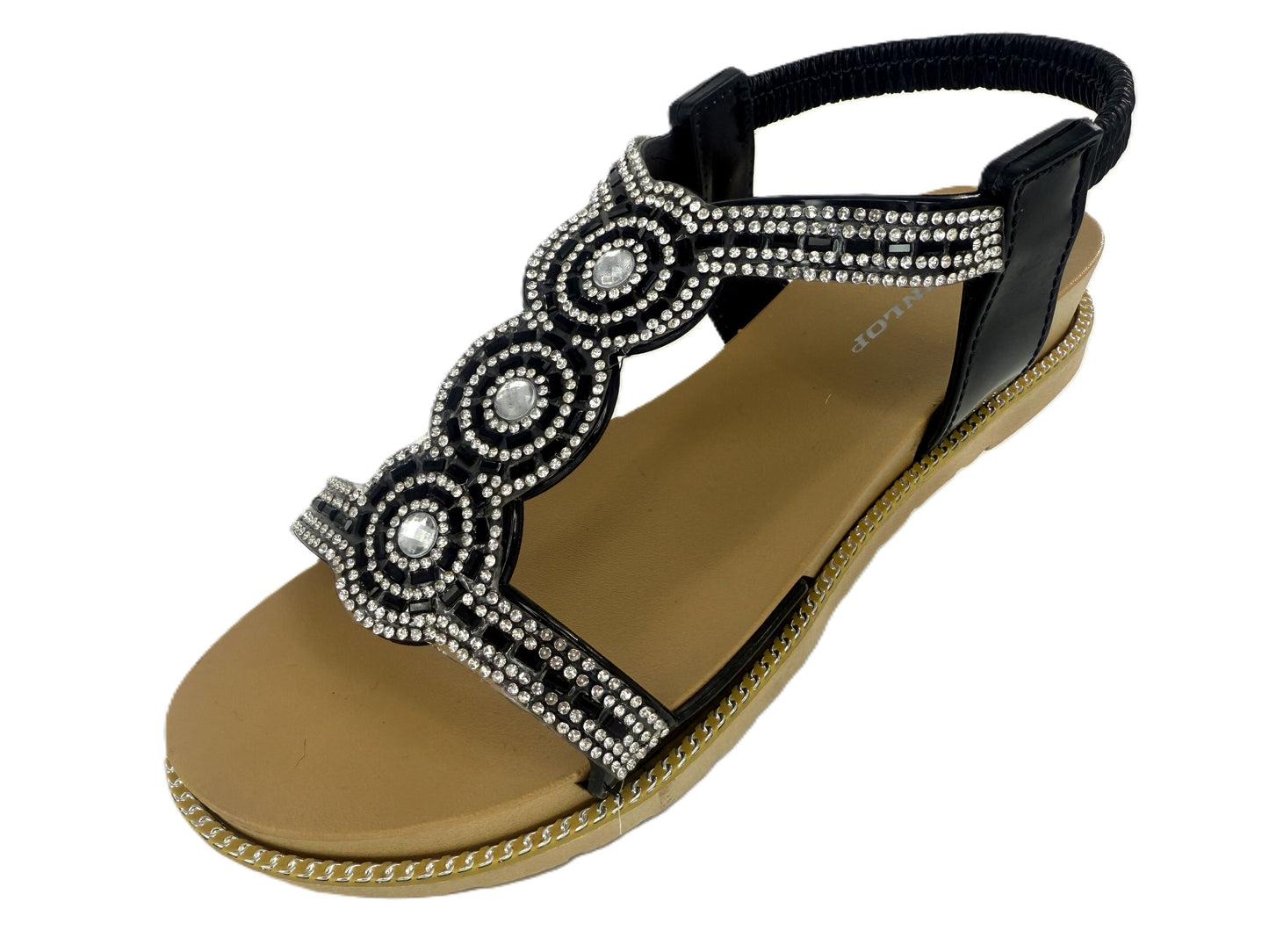Dunlop Ladies Jewelled Summer Sandals – Black or Silver – Comfortable Flats with Cushioned Footbed and Elastic Back Strap