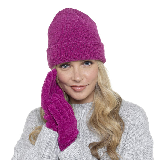 Ladies Soft Chenille Thermal-Lined Hat & Gloves Set