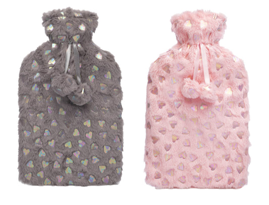 Heart Hot Water Bottle Foil Print Plush 2 Ltr, Grey or Pink
